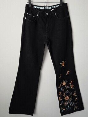 Y2K Express Jeans 99/00 Black Floral Butterfly Embroidered Flare Jeans